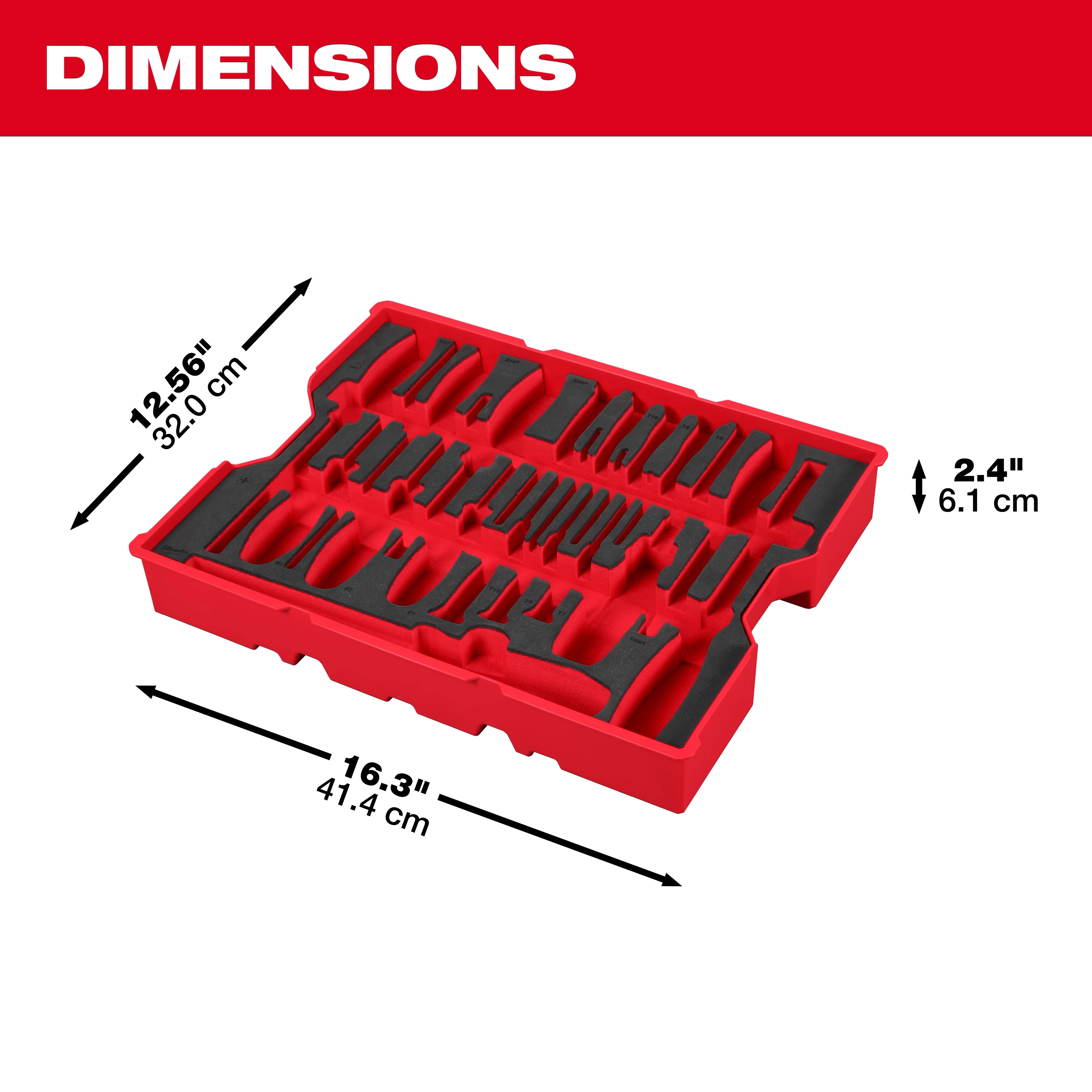 Bare Tray for 17pc. Screwdriver & Pry Bar Set for PACKOUT™ Drawers features a red plastic tray with various slots, measuring 12.56 inches by 16.3 inches by 2.4 inches.