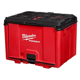 Red PACKOUT Cabinet with a black lid and the brand Milwaukee written in white on the front. Used for tool storage.