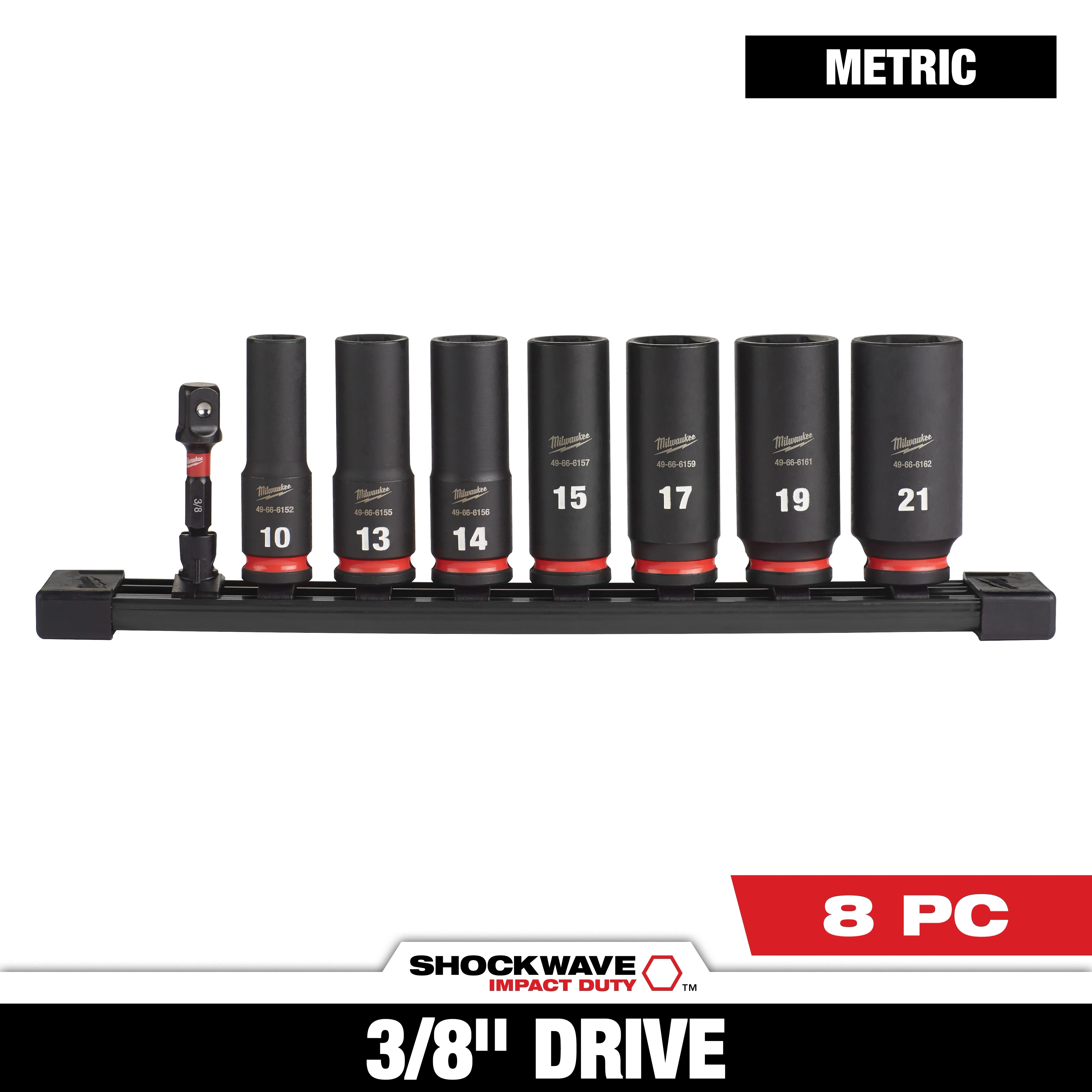 The SHOCKWAVE Impact Duty 3/8 in. Metric Deep Impact Rated Socket Set (8-Piece) includes sockets 10, 13, 14, 15, 17, 19, and 21 millimeters, mounted on a black rail with one additional tool.