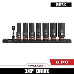 The SHOCKWAVE Impact Duty 3/8 in. Metric Deep Impact Rated Socket Set (8-Piece) includes sockets 10, 13, 14, 15, 17, 19, and 21 millimeters, mounted on a black rail with one additional tool.