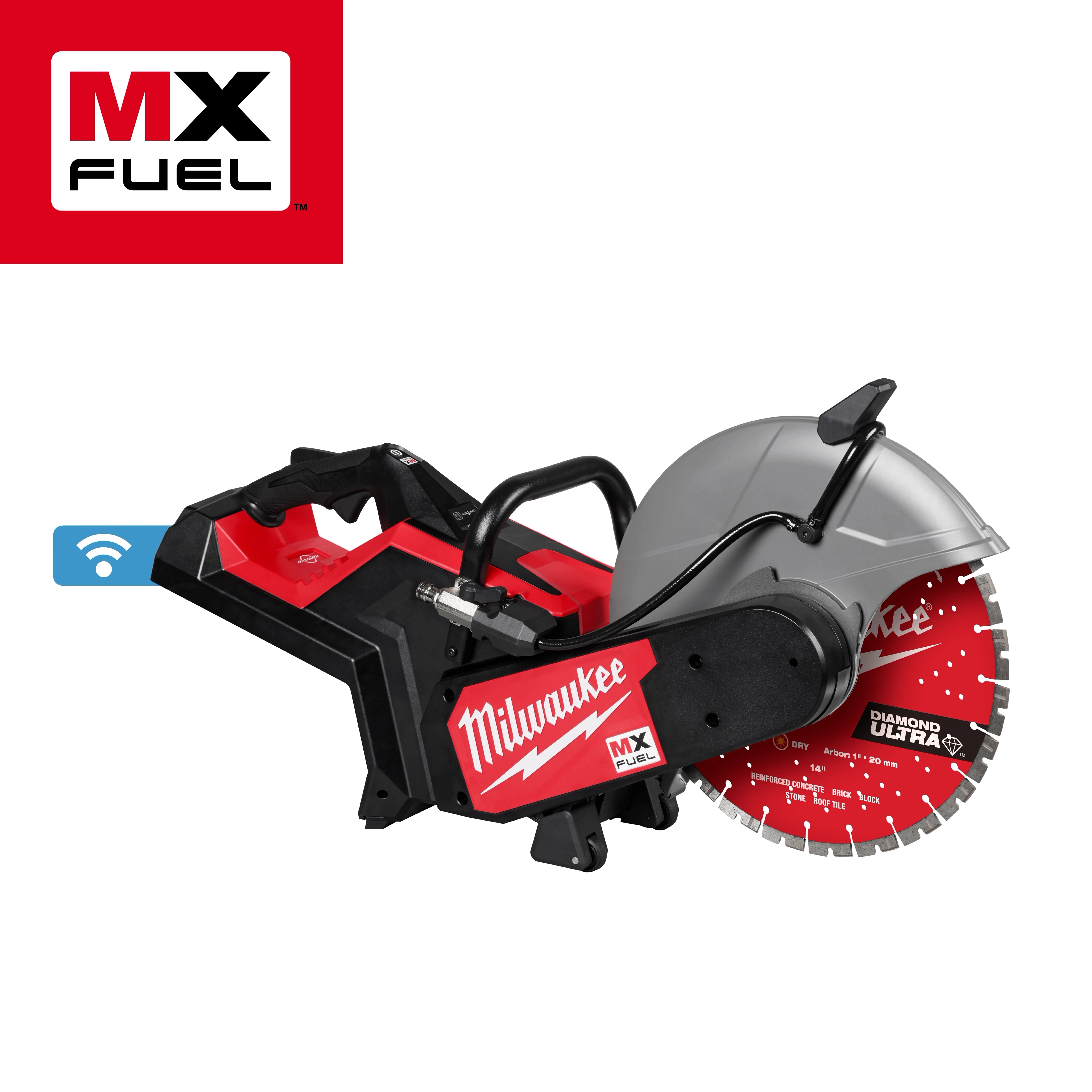 The image shows an MX FUEL™ 14" Cut-Off Saw with RAPIDSTOP™ Brake from Milwaukee. The saw is red and black with a large blade and ergonomic handle. The MX FUEL™ logo is displayed in the top left corner.