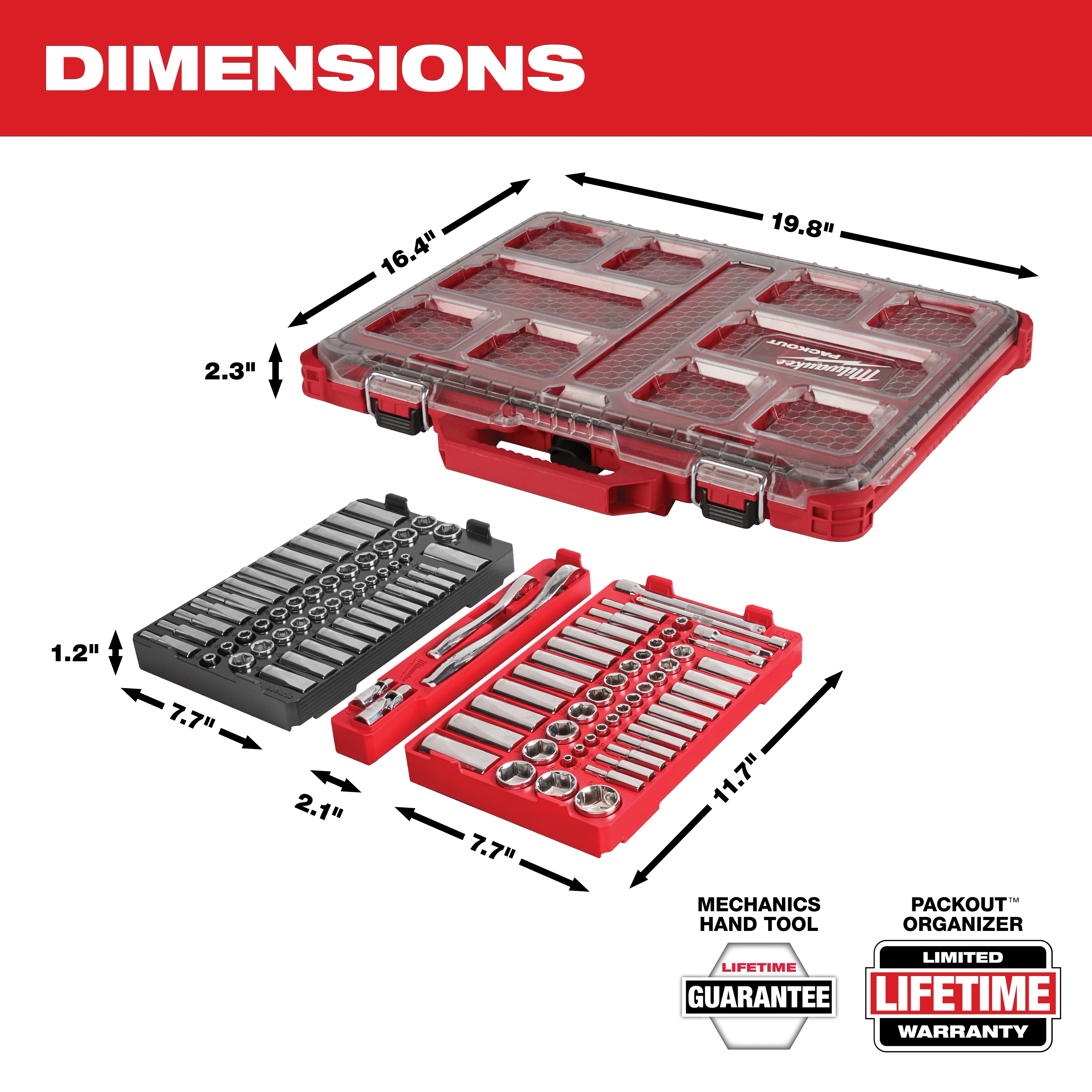 Image showing the dimensions of a Milwaukee tool kit with case. The case measures 19.8 inches by 16.4 inches by 2.3 inches. The opened kit reveals socket wrenches and tools, measuring 11.7 inches by 7.7 inches by 1.2 inches. Labels mention a lifetime guarantee and limited lifetime warranty.