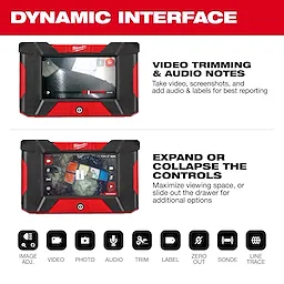 Image showcasing the Milwaukee Dynamic Interface, highlighting video trimming and audio notes features, expandable control options for maximizing viewing space, and additional icons for various functions like photo, audio, and line trace.