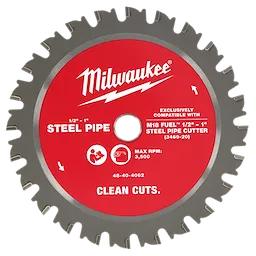 The image shows a Milwaukee steel pipe cutting blade with text reading "1/2” – 1” Steel Pipe Cutting Blade." It has a red center with specifications including compatibility with M18 FUEL, max RPM of 3,500, and model number 48-40-4062. The blade has sharp teeth around its edge.