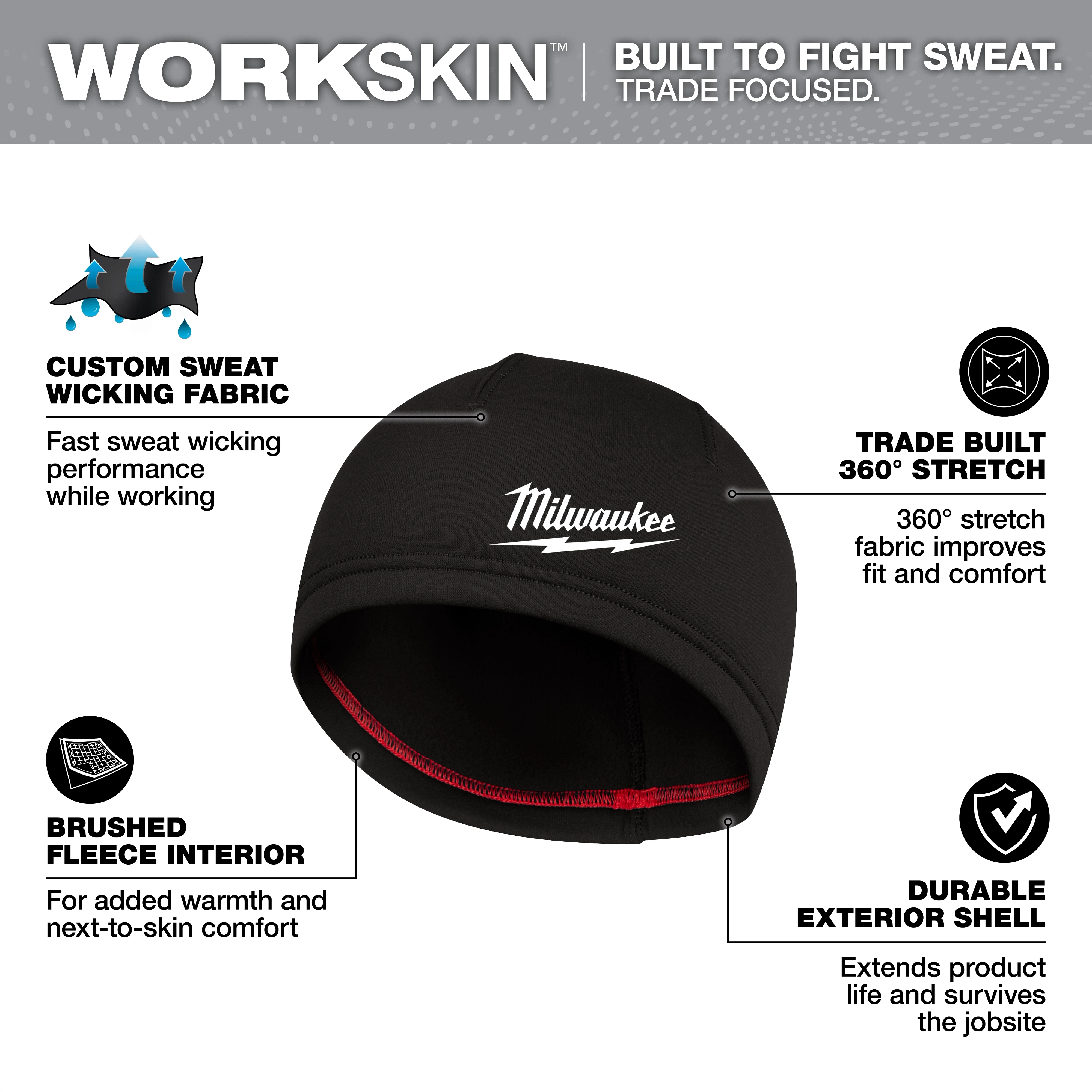 The WORKSKIN™ Low-Profile Beanie by Milwaukee is made of custom sweat-wicking fabric, has a brushed fleece interior, 360-degree stretch for comfort, and a durable exterior shell. It is designed for on-the-job use to provide warmth and manage sweat effectively.