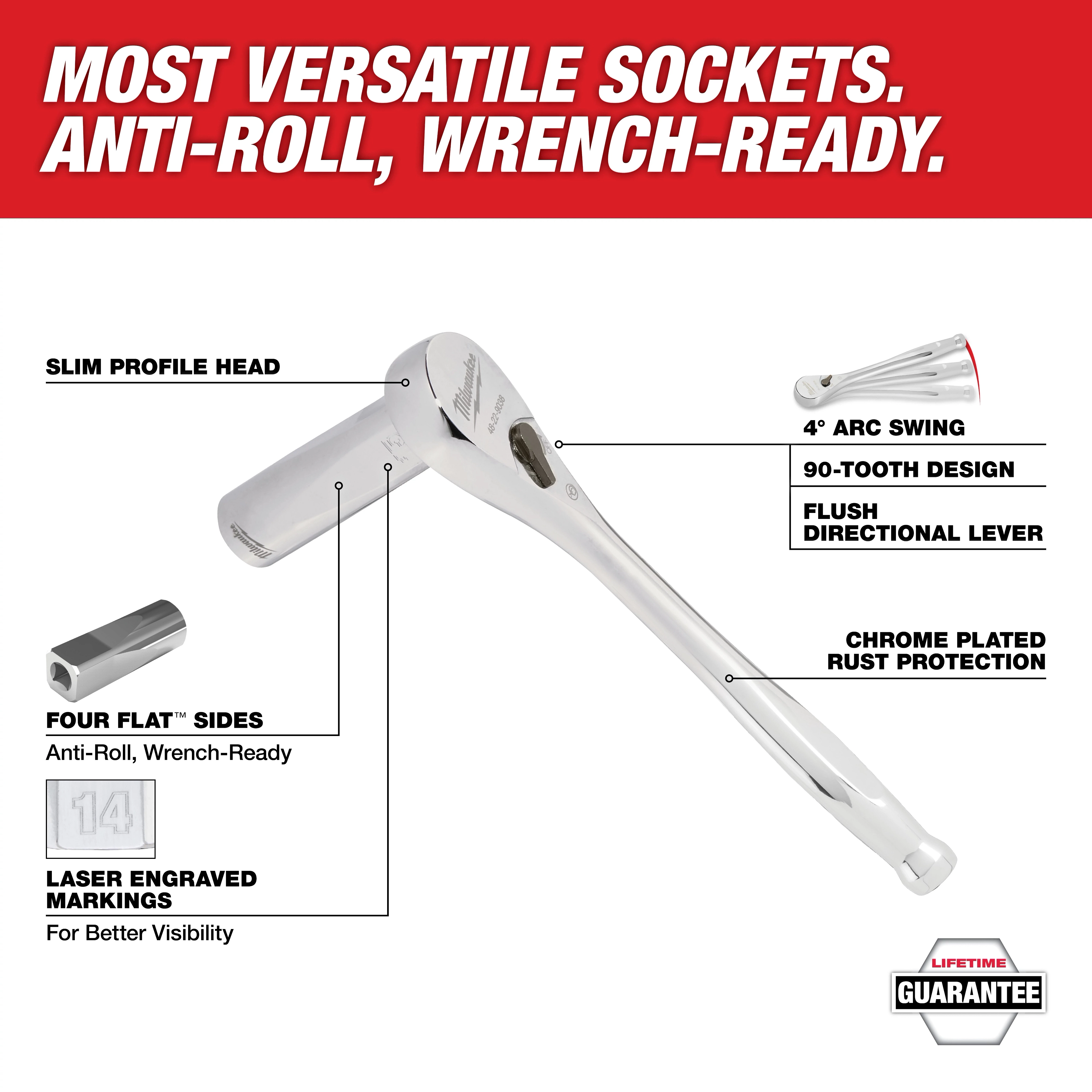 The image shows a versatile socket wrench highlighting features like a slim profile head, 4-degree arc swing, 90-tooth design, flush directional lever, chrome plating for rust protection, four anti-roll wrench-ready sides, and laser-engraved markings for visibility. The text reads "Most Versatile Sockets. Anti-Roll, Wrench-Ready." and includes a "Lifetime Guarantee" badge.