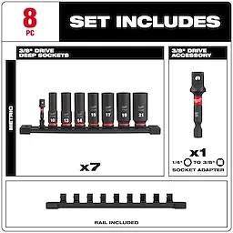 Milwaukee 3/8" Drive Metric Deep Socket Set includes seven deep sockets (sizes 10 to 21) and a 3/8" drive accessory socket adapter. The set comes with a rail for easy organization and storage.