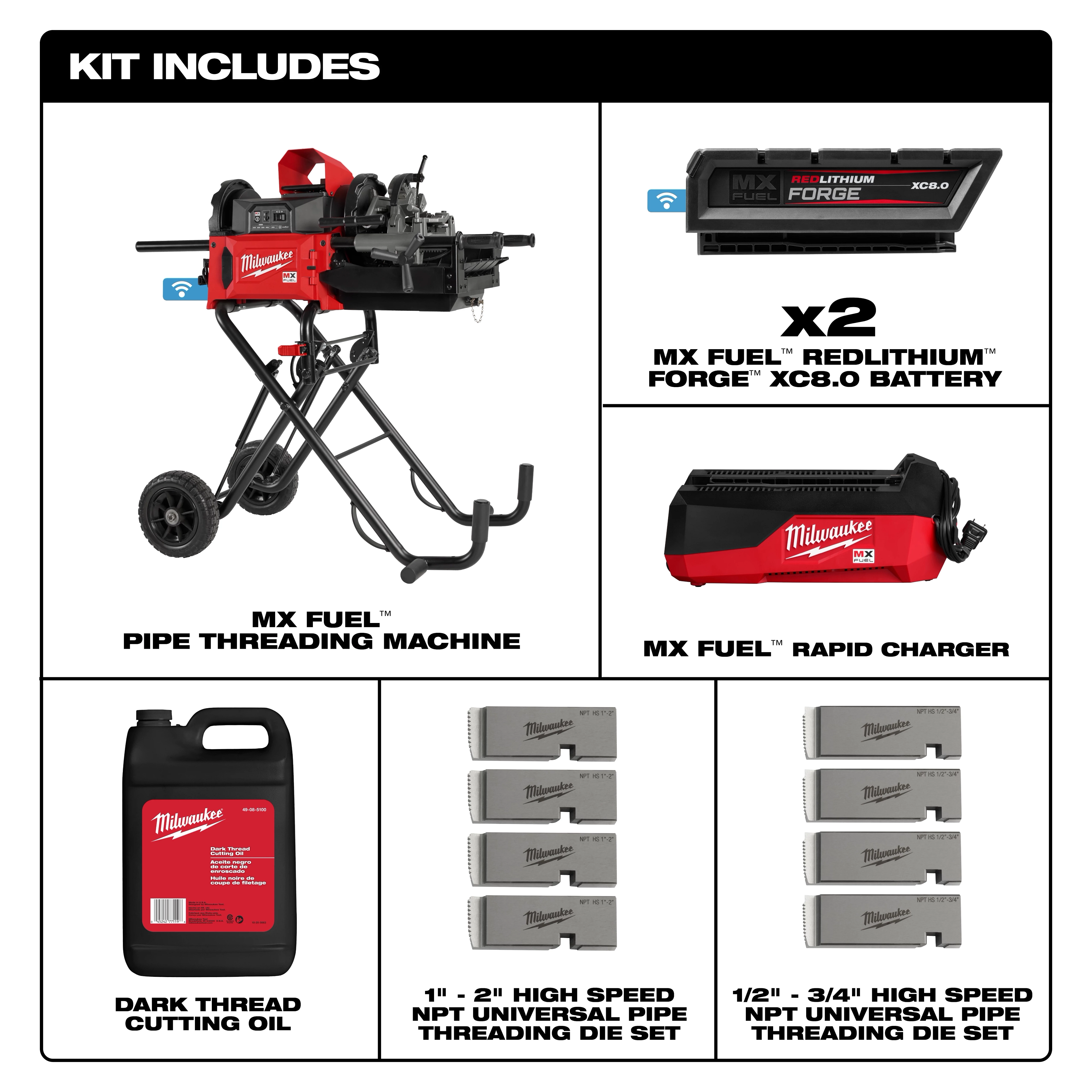 The kit includes the MX FUEL™ Pipe Threading Machine, two MX FUEL™ REDLITHIUM™ FORGE™ XC8.0 batteries, an MX FUEL™ rapid charger, dark thread cutting oil, a 1"-2" high-speed NPT pipe threading die set, and a 1/2"-3/4" high-speed NPT pipe threading die set. All components are shown with labels.