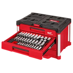 The image shows a 242-piece 1/4”, 3/8”, and 1/2” drive metric and SAE ratchet and socket set with PACKOUT™ 4-drawer tool box. The tool box is red with black accents and has one open drawer displaying various sockets and ratchets neatly organized inside.