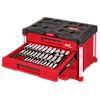 The image shows a 242-piece 1/4”, 3/8”, and 1/2” drive metric and SAE ratchet and socket set with PACKOUT™ 4-drawer tool box. The tool box is red with black accents and has one open drawer displaying various sockets and ratchets neatly organized inside.