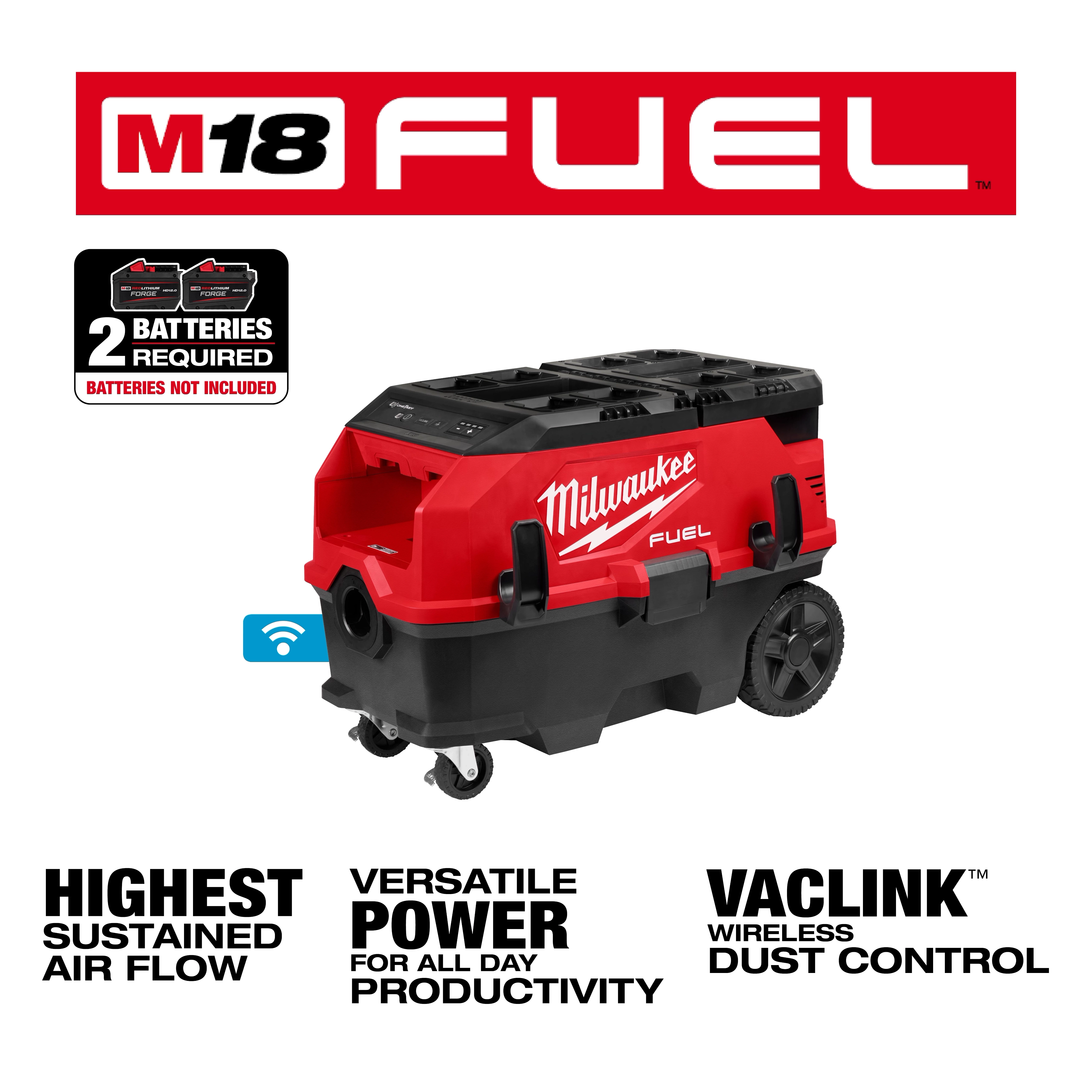 The image shows the M18 FUEL™ 9 Gallon Dual Battery Dust Extractor with PACKOUT™ Compatibility and VACLINK™. The red and black dust extractor requires two batteries, which are not included. It features highest sustained air flow, versatile power for productivity, and wireless dust control.