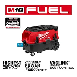 The image shows the M18 FUEL™ 9 Gallon Dual Battery Dust Extractor with PACKOUT™ Compatibility and VACLINK™. The red and black dust extractor requires two batteries, which are not included. It features highest sustained air flow, versatile power for productivity, and wireless dust control.