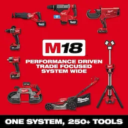 Image of the M18 system with the text "M18 - performance driven, trade focused, system wide. One system, 250+ tools"