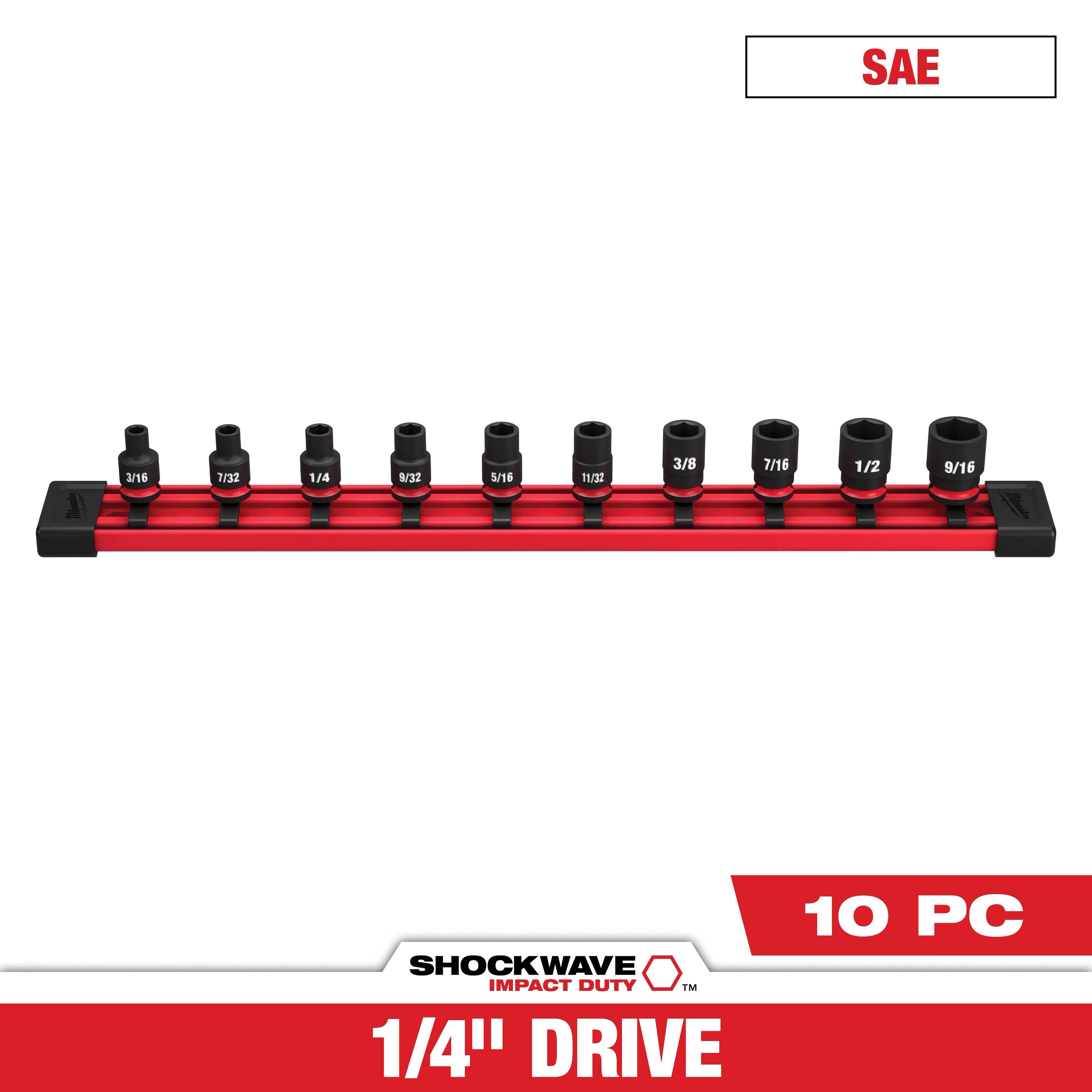 The SHOCKWAVE 1/4 in. Drive SAE 6 Point Impact Socket Set includes 10 pieces organized on a red rail. Sizes range from 3/16 to 9/16 inches. Marked "10 PC" and "SAE," this impact duty socket set is designed for durability and high performance.
