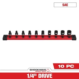 The SHOCKWAVE 1/4 in. Drive SAE 6 Point Impact Socket Set includes 10 pieces organized on a red rail. Sizes range from 3/16 to 9/16 inches. Marked "10 PC" and "SAE," this impact duty socket set is designed for durability and high performance.