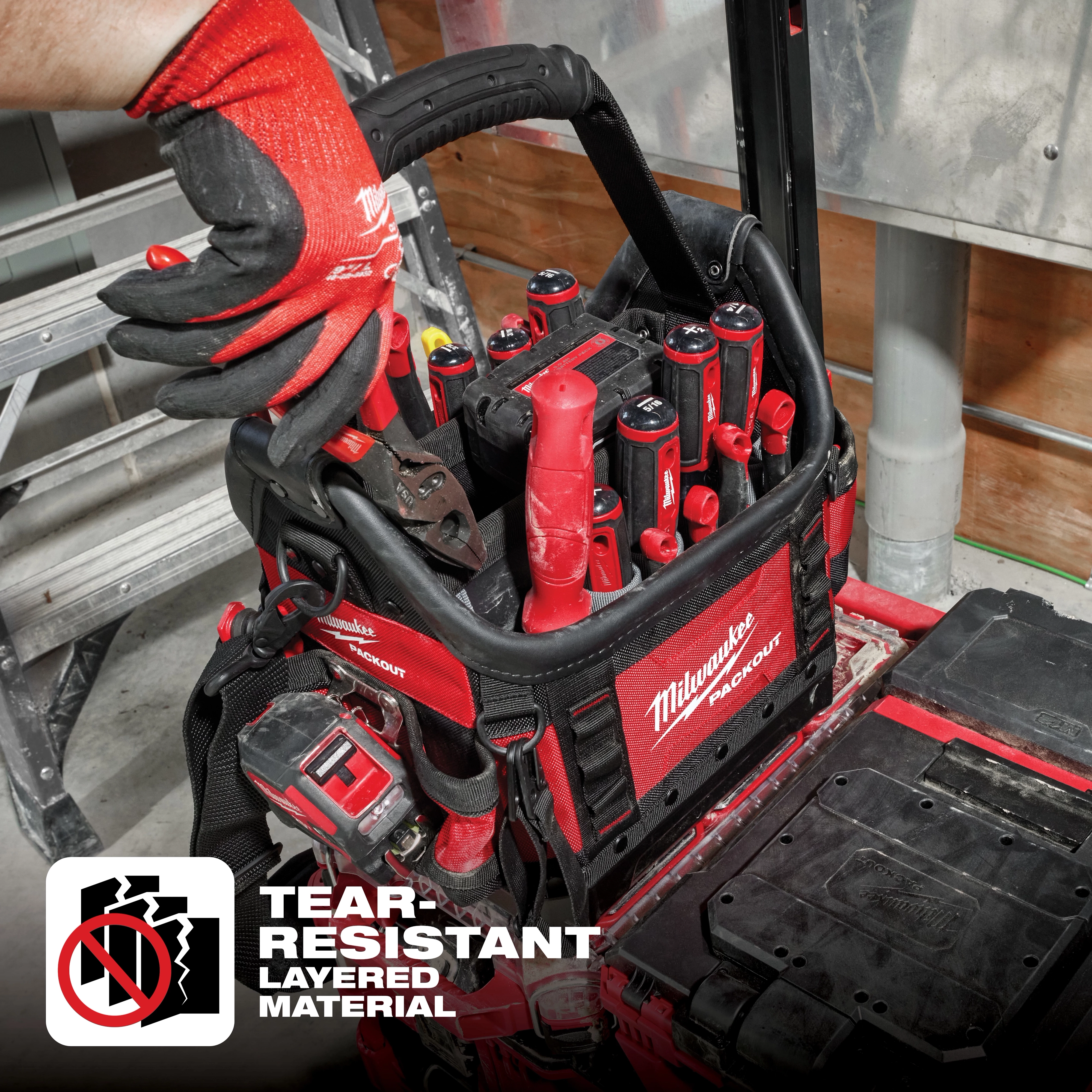 App Shot Overlay shows a Milwaukee Packout tool bag filled with various tools, featuring tear-resistant layered material and a glove-handled plier.