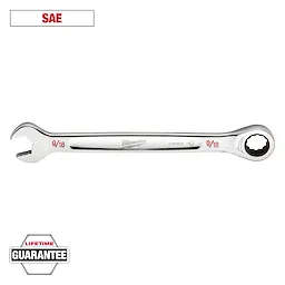 Image shows a 9/16 inch Milwaukee combination wrench with one open end and one ratcheting box end. The tool is labeled SAE and comes with a lifetime guarantee, denoted at the bottom of the image.