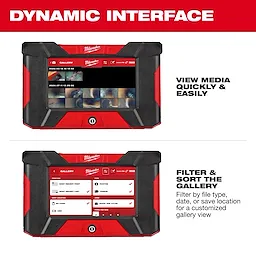 This image shows two red and black Milwaukee devices. The top device displays a gallery of media files, with the caption "View Media Quickly & Easily." The bottom device showcases filter options for sorting the gallery, captioned "Filter & Sort the Gallery."