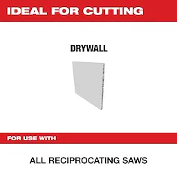 This product image highlights the use of reciprocating saws for cutting drywall. The text emphasizes the suitability of all reciprocating saws for this task, with "IDEAL FOR CUTTING" in large, red text at the top and "DRYWALL" written above an image of a drywall piece.
