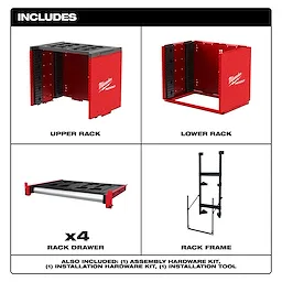 The PACKOUT™ Rack Kit includes one upper rack, one lower rack, four rack drawers, and one rack frame. The kit also comes with an assembly hardware kit, installation hardware kit, and installation tool. All components are red and black, branded "Milwaukee PACKOUT".