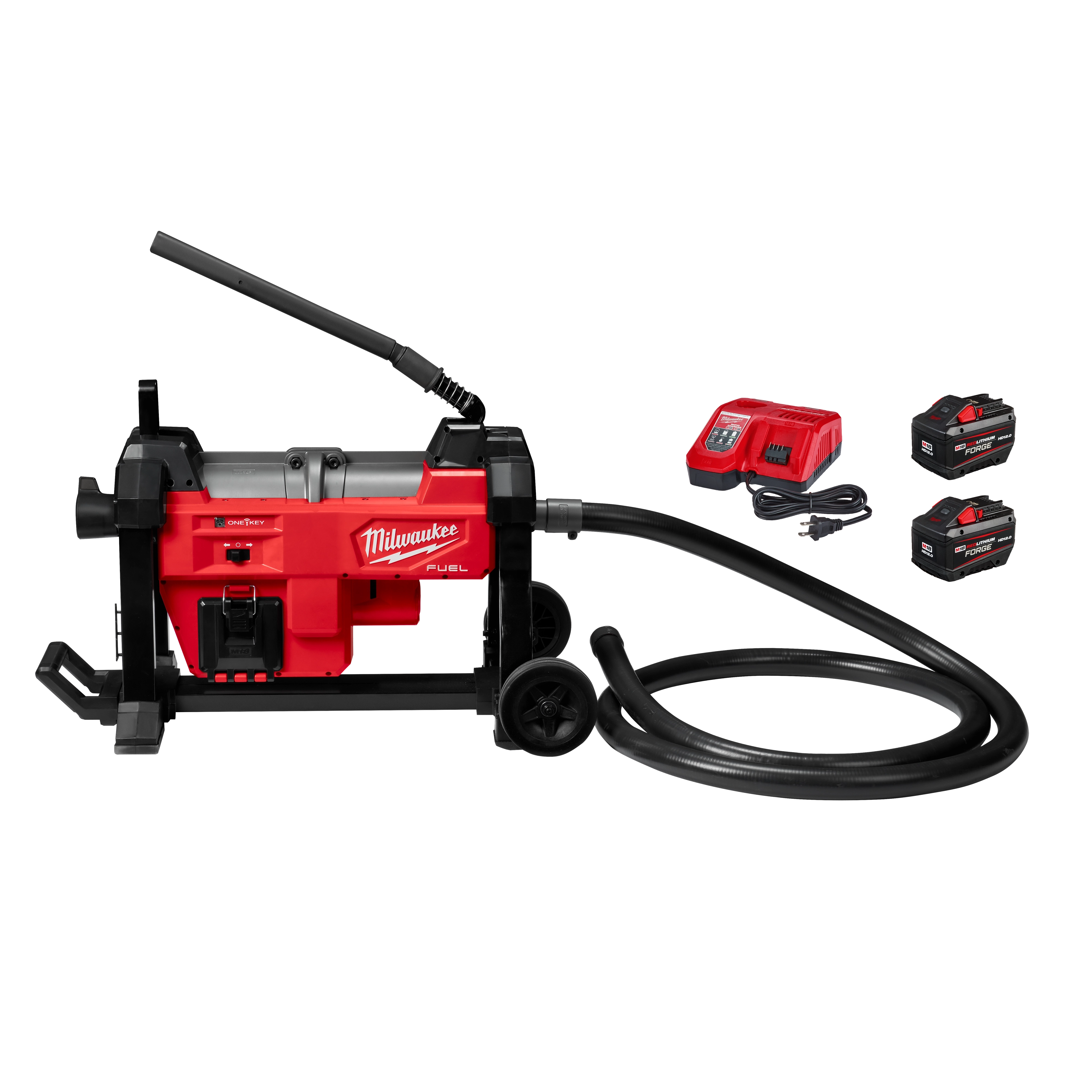 The image shows an M18 FUEL Sewer Sectional Machine with accessories. The machine is red and black with a built-in handle, hose, and wheels. Also included are two batteries and a battery charger. The brand name "Milwaukee" and "FUEL" are visible on the machine.