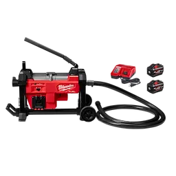 The image shows an M18 FUEL Sewer Sectional Machine with accessories. The machine is red and black with a built-in handle, hose, and wheels. Also included are two batteries and a battery charger. The brand name "Milwaukee" and "FUEL" are visible on the machine.