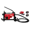 The image shows an M18 FUEL Sewer Sectional Machine with accessories. The machine is red and black with a built-in handle, hose, and wheels. Also included are two batteries and a battery charger. The brand name "Milwaukee" and "FUEL" are visible on the machine.