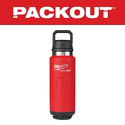 Milwaukee Packout insulated bottle in red with black lid, shown under a red banner with the word “Packout” in white text.