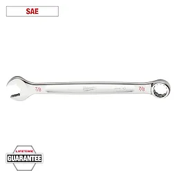This image shows a Milwaukee 7/8-inch combination wrench with both open-end and ratcheting box-end features. The top has "SAE" in red lettering and the bottom left corner has a "Lifetime Guarantee" badge. The wrench is stainless steel.