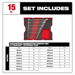 The 15pc. Metric Ratcheting Combination Wrench Set with Tray for PACKOUT™ Drawers includes wrenches sized from 8mm to 22mm. A storage tray is included for organization.