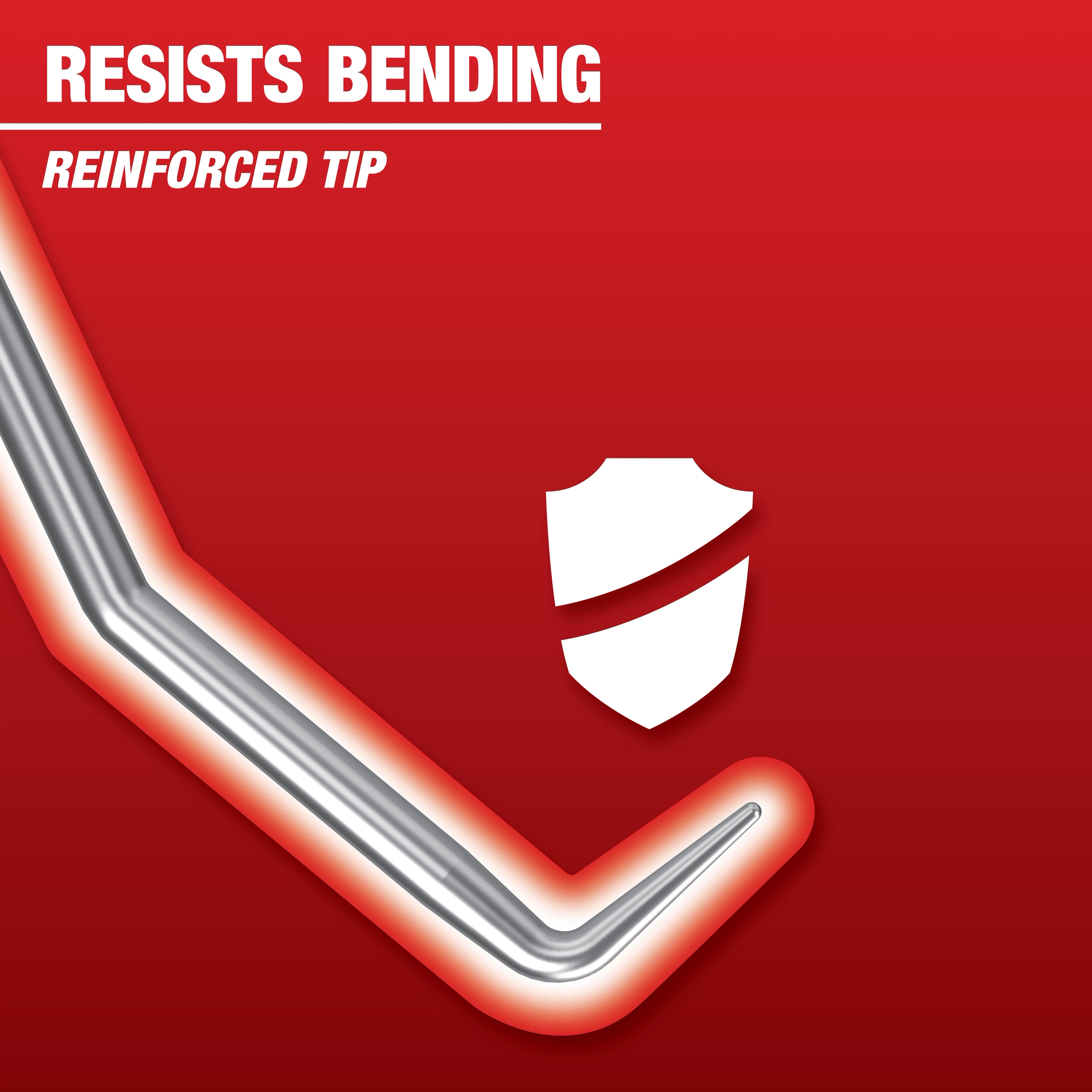 The image shows a reinforced tip of a Mechanic Hand Tool that resists bending. The background is red with text highlighting its features. A shield icon symbolizes strength and durability.