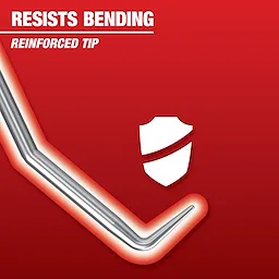 The image shows a reinforced tip of a Mechanic Hand Tool that resists bending. The background is red with text highlighting its features. A shield icon symbolizes strength and durability.
