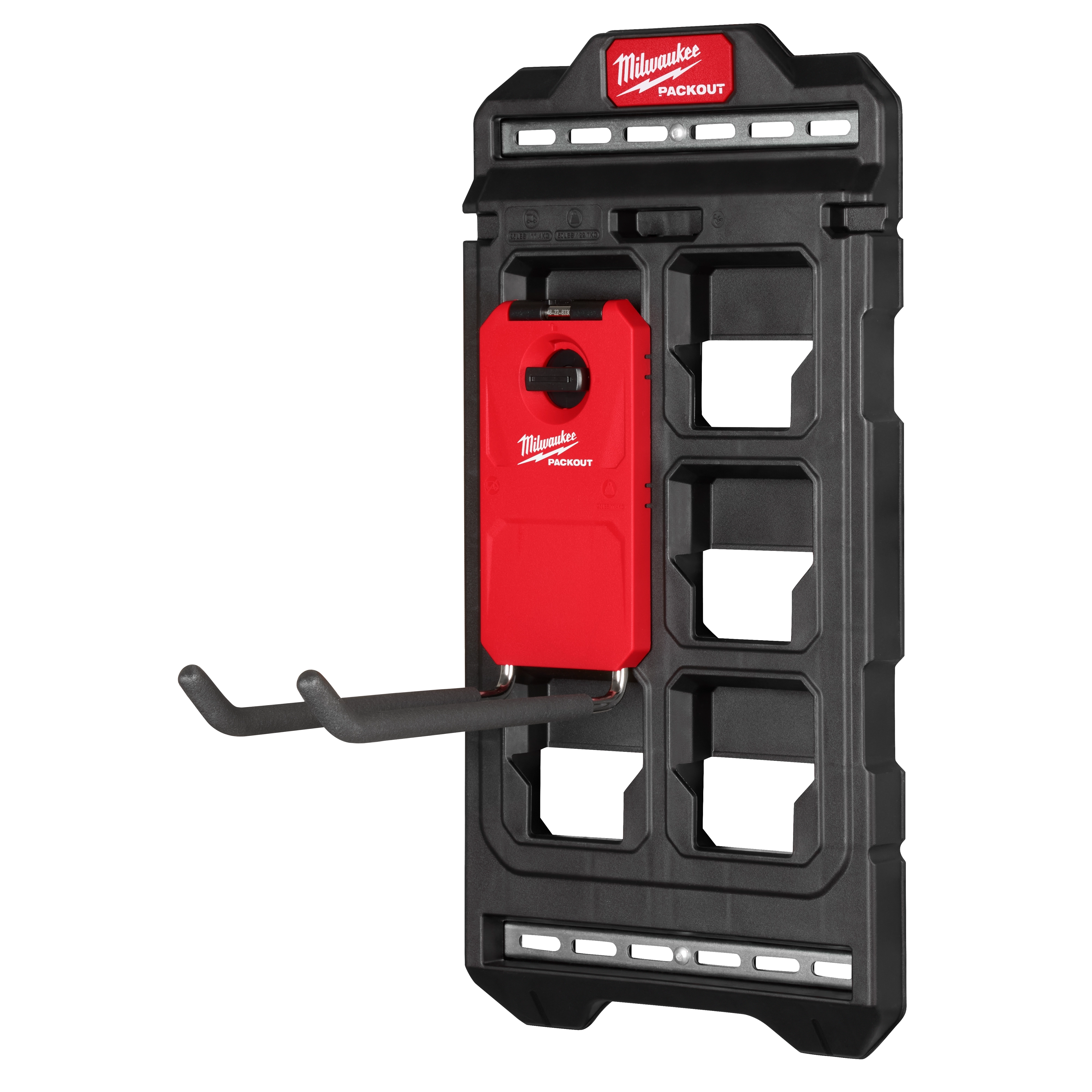 Milwaukee PACKOUT Compact Wall Plate in black with a red wall mount and two protruding metal hooks for storage.