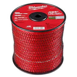 A large spool of red trimmer line in a black plastic netting, with a red Milwaukee-branded label on top.
