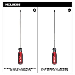 2 PC. Cushion Grip Screwdriver Set (USA) includes a #2 Phillips 10" and a 1/4" Cabinet 10" screwdriver, both with red and black handles.