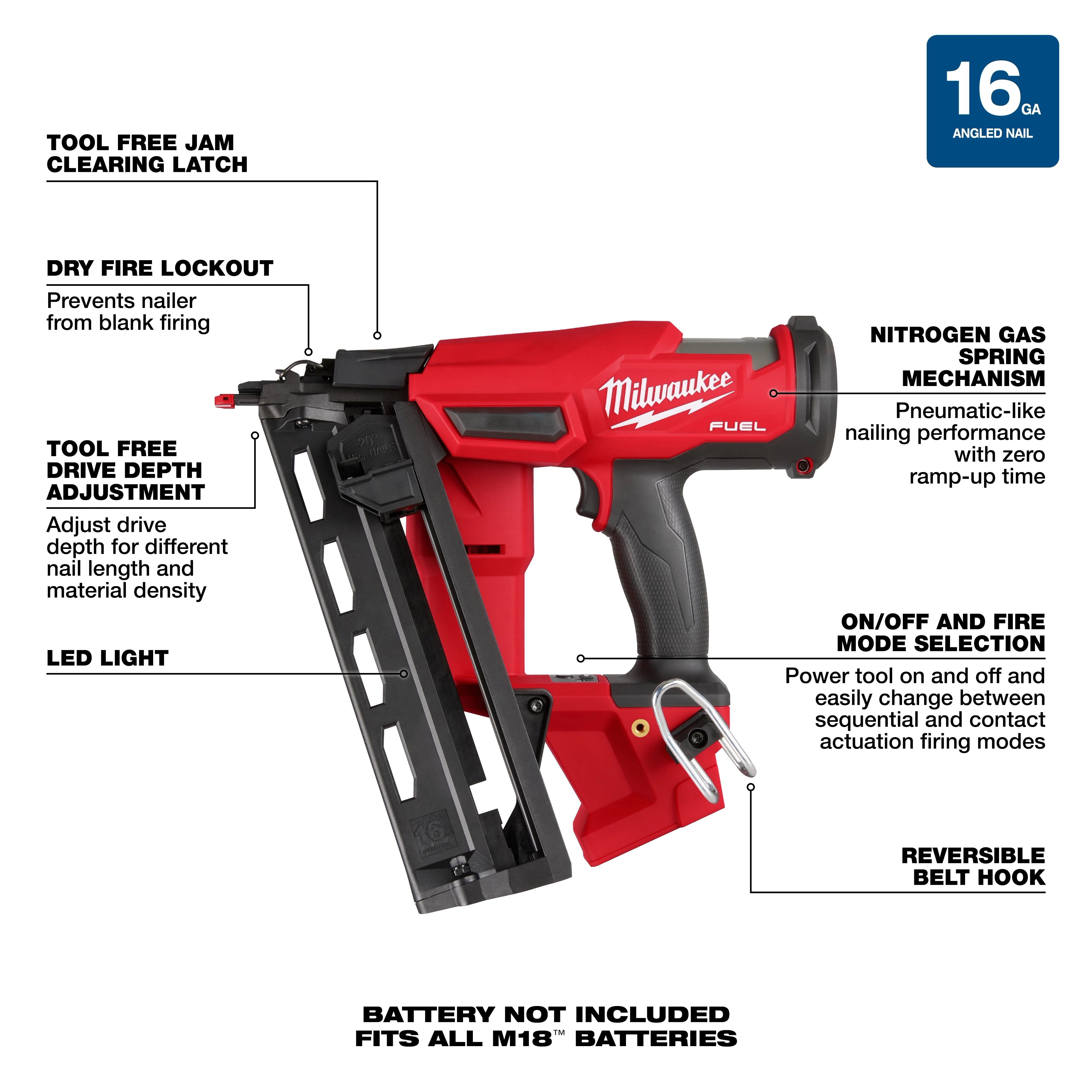 M18 FUEL™ 16 Gauge Angled Finish Nailer Walk Around