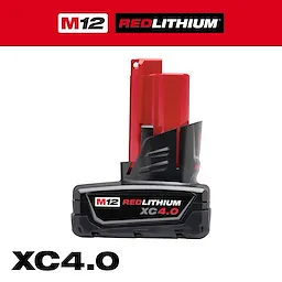 M12 REDLITHIUM XC 4.0 Extended Capacity Battery Pack in black and red with branding and model information displayed prominently.