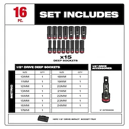 SHOCKWAVE Impact Duty 1/2 in. Drive Metric Deep Well Impact Socket Set 16 Piece