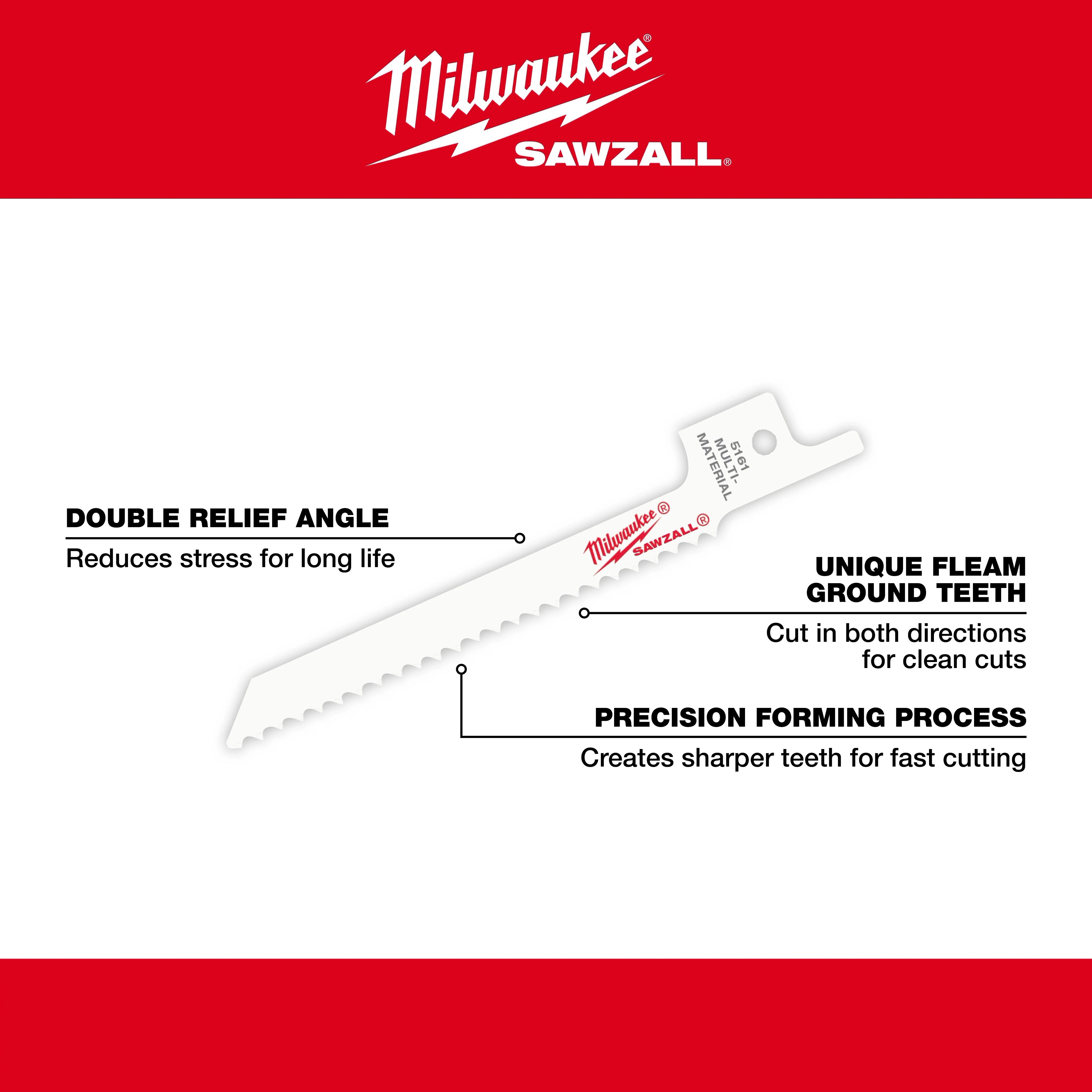 Milwaukee Sawzall 3-5/8" 10 TPI Super Sawzall blade features double relief angle for long life, unique fleam ground teeth for clean cuts in both directions, and precision forming process for sharper teeth and fast cutting. Blade displayed with brand logo and highlighted features on red and white background.