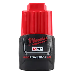This image shows the Milwaukee M12 REDLITHIUM CP 1.5 battery. It features a red top section and a black bottom section with the Milwaukee logo and battery specifications printed on it. The battery is designed for use with Milwaukee M12 power tools.