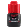 This image shows the Milwaukee M12 REDLITHIUM CP 1.5 battery. It features a red top section and a black bottom section with the Milwaukee logo and battery specifications printed on it. The battery is designed for use with Milwaukee M12 power tools.