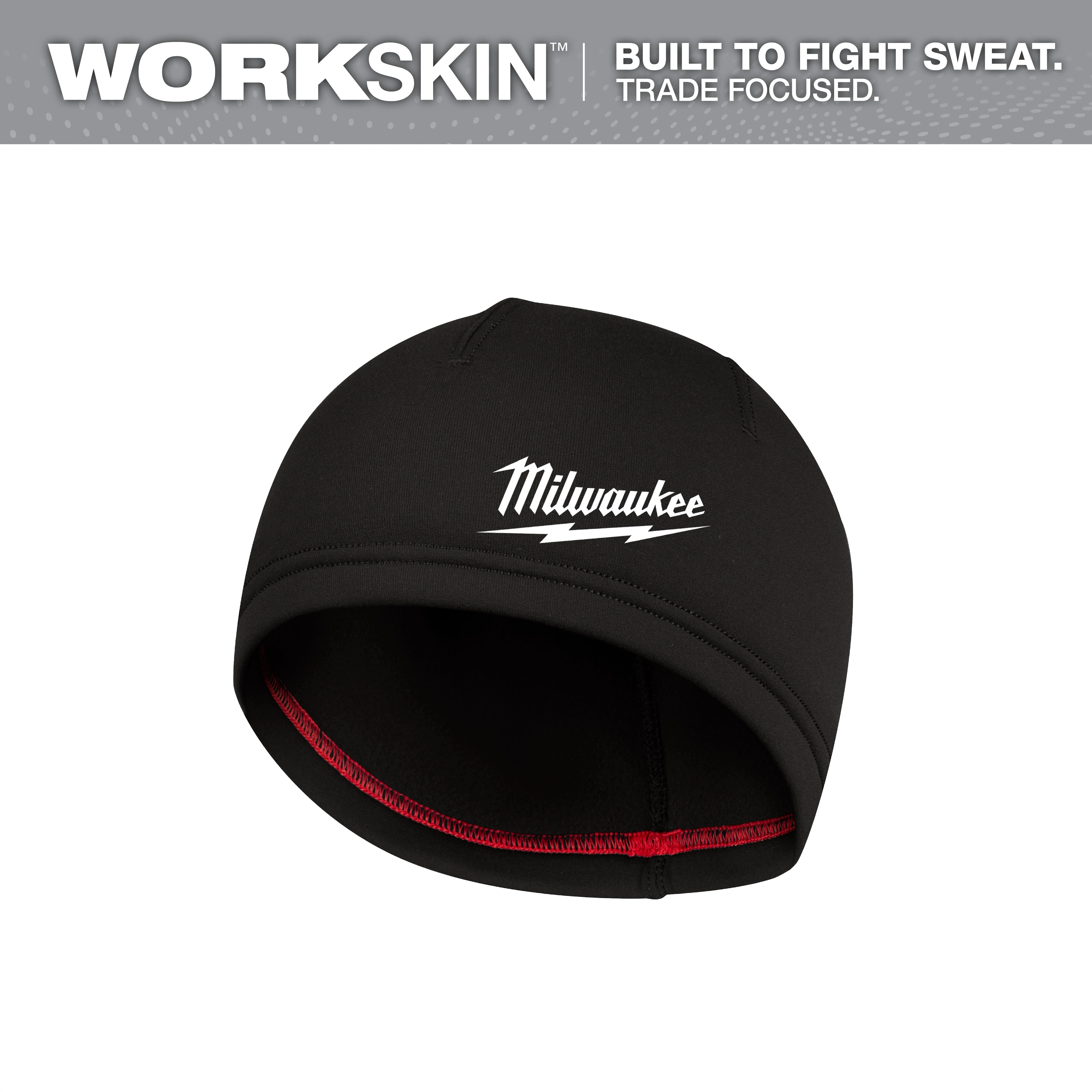 The Milwaukee WORKSKIN black beanie features the Milwaukee logo. It is designed to combat sweat and is trade-focused, offering comfort and functionality for workers.