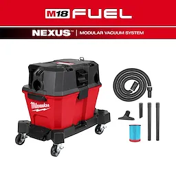 The M18 FUEL™ NEXUS™ 6 Gallon Wet/Dry Vacuum is a red and black vacuum system with wheels. It includes a hose, filter, two extension wands, and a nozzle. It features the Milwaukee logo and modular vacuum system capabilities.