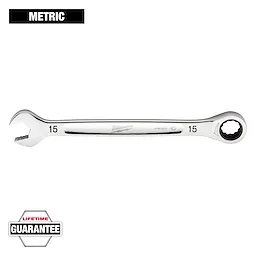 This image shows a Milwaukee 15mm metric combination wrench with an open-end and a ratcheting box-end. The wrench is polished chrome with a "Lifetime Guarantee" badge. The numbers "15" are indicated on both ends of the tool.