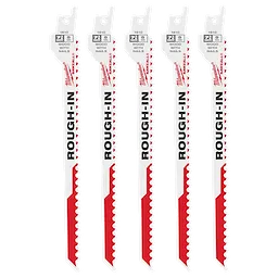 Five Rough-In SAWZALL® Blades are arranged vertically, highlighting the serrated edges and brand name printed on each blade. Suitable for cutting wood and nails, the blades have white and red coloring, with technical specifications visible at the top of each blade. Pack contains 5 blades.