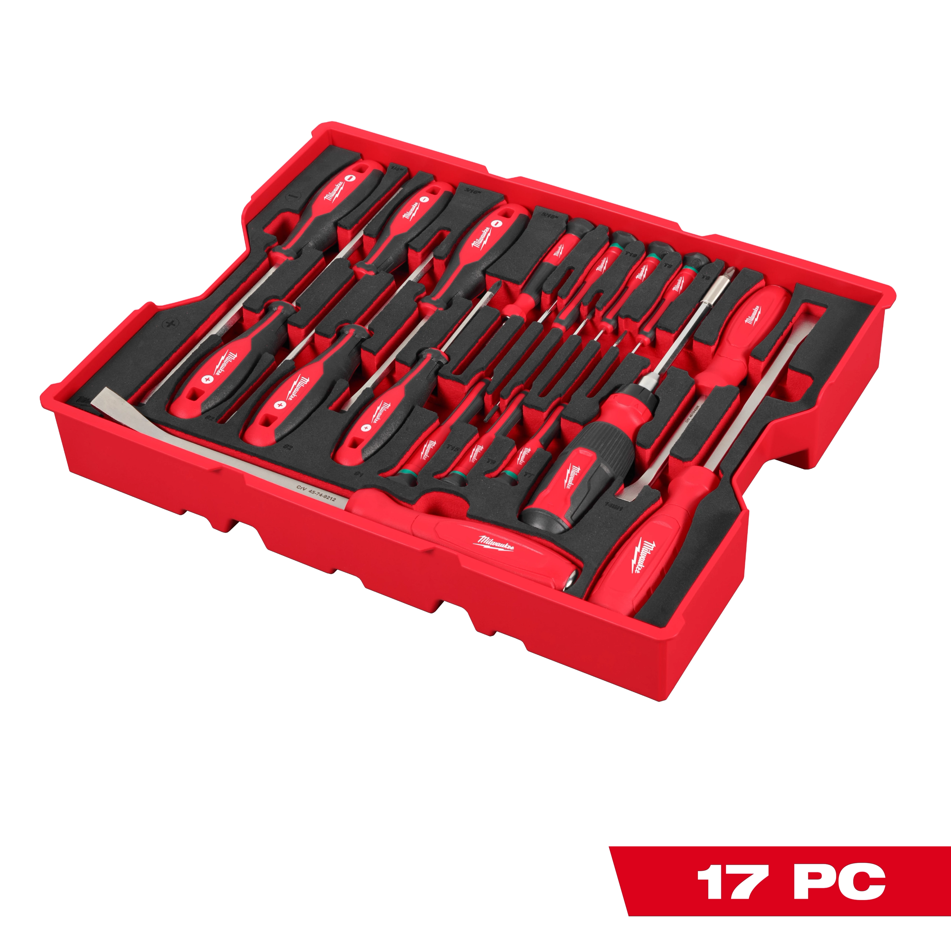The 17-piece Screwdriver & Pry Bar Set with Tray for PACKOUT™ Drawers includes a variety of screwdrivers and pry bars organized neatly in a red and black tray, suitable for PACKOUT™ storage systems.