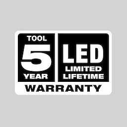 This image is a warranty label stating "TOOL 5 YEAR WARRANTY" and "LED LIMITED LIFETIME WARRANTY"
