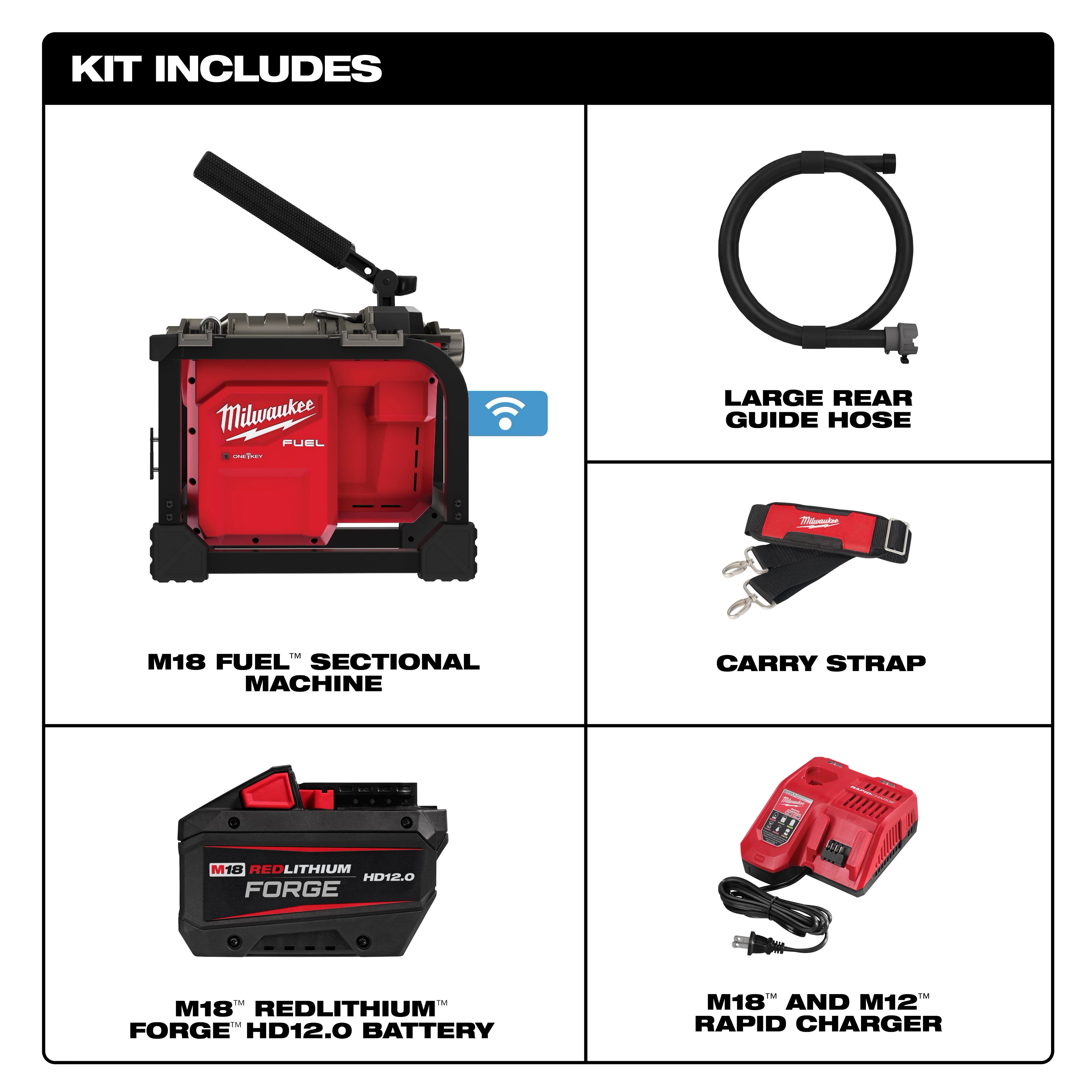 The image shows the contents of a kit that includes the M18 FUEL™ Sectional Machine for 5/8” & 7/8” Cable. The kit contains the M18 FUEL™ Sectional Machine, a large rear guide hose, a carry strap, an M18™ REDLITHIUM™ FORGE™ HD12.0 Battery, and an M18™ and M12™ rapid charger.