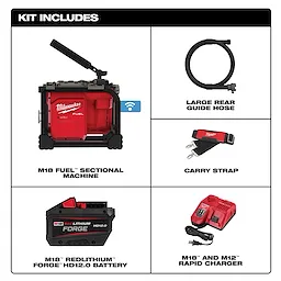 The image shows the contents of a kit that includes the M18 FUEL™ Sectional Machine for 5/8” & 7/8” Cable. The kit contains the M18 FUEL™ Sectional Machine, a large rear guide hose, a carry strap, an M18™ REDLITHIUM™ FORGE™ HD12.0 Battery, and an M18™ and M12™ rapid charger.