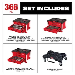 The 366-piece Master Mechanics Hand Tool Set with PACKOUT™ Drawers and Dolly includes a 242-piece drive metric and SAE ratchet and socket set, 60-piece metric and SAE combination wrench set, 64-piece hand tool set, and a PACKOUT™ dolly. Each component is stored in PACKOUT™ 4-drawer toolboxes.